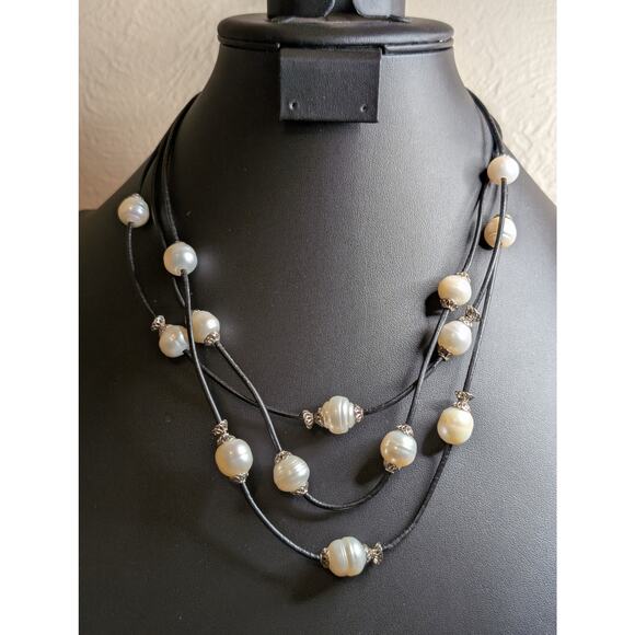 925 Sterling Three Strand Floating Genuine Freshwater Pearl Corded Necklace - Picture 8 of 10